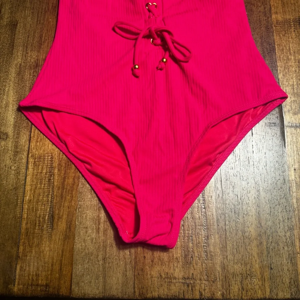 EUC Bongo Pink Ribbed Plunge Lace-Up One Piece‎ Swimsuit Size Large